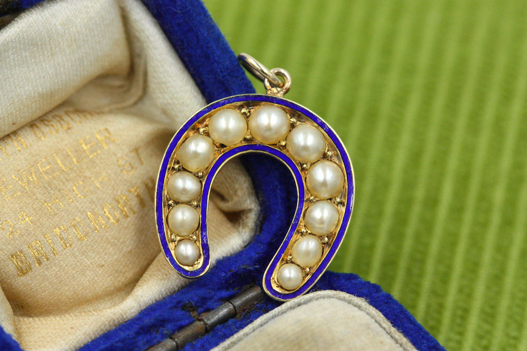 Victorian Enamel & Pearl Horseshoe Pendant