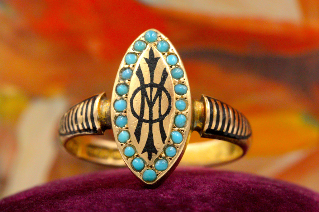 Victorian Mourning Enamel & Turquoise Ring