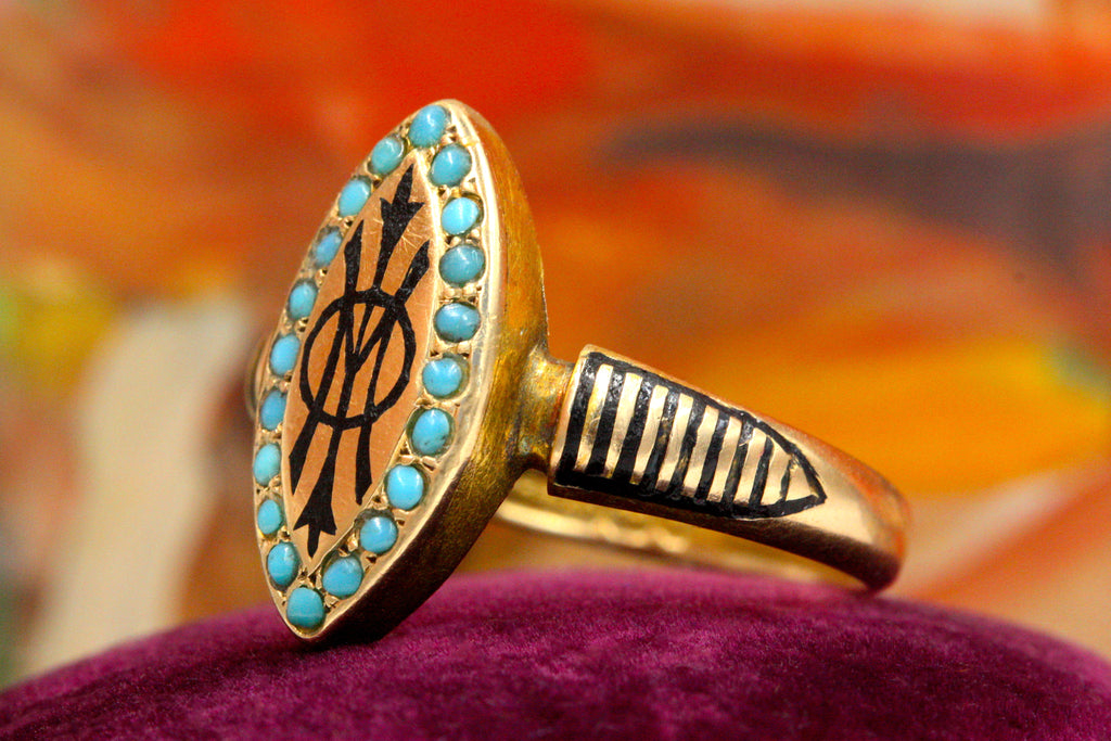 Victorian Mourning Enamel & Turquoise Ring