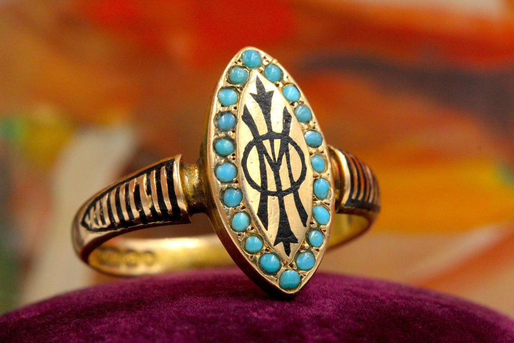 Victorian Mourning Enamel & Turquoise Ring