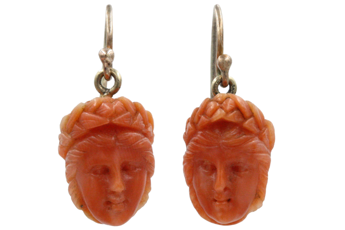 Victorian Carved Coral Face Earrings
