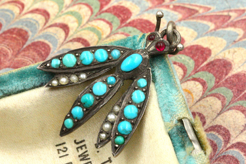 Victorian Turquoise & Pearl Dragonfly Pendant